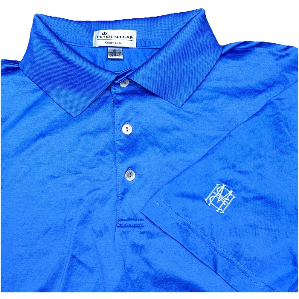Peter Millar Crown Ease‎ Men's Medium Cotton Polo, Club Hit On Sleeve, Blue